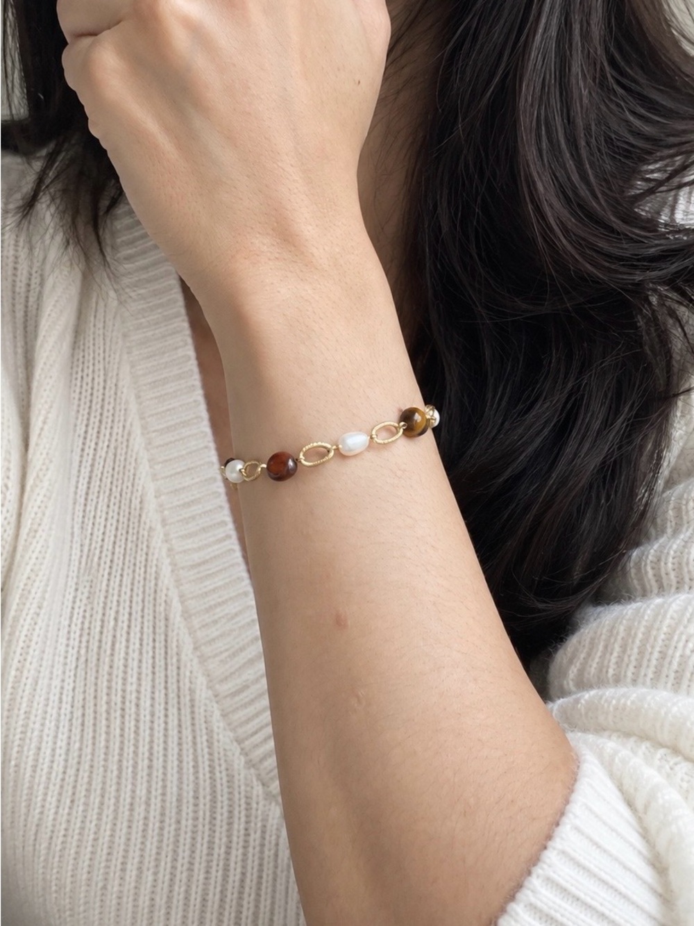 Tiger Eye & Freshwater Pearl Gold Bracelet